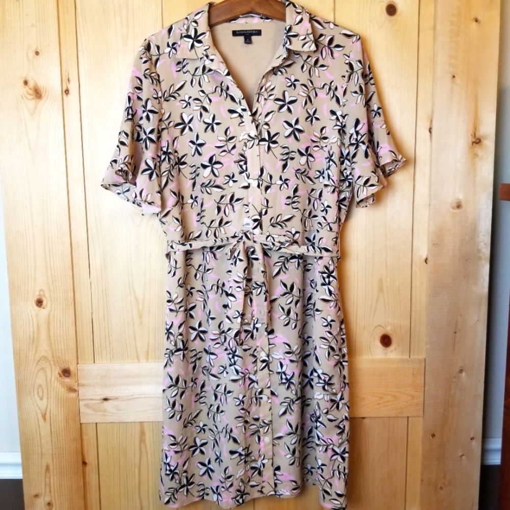 Banana Republic Factory Floral Short Sleeve Button-Up Tie Waist Shirt Dress